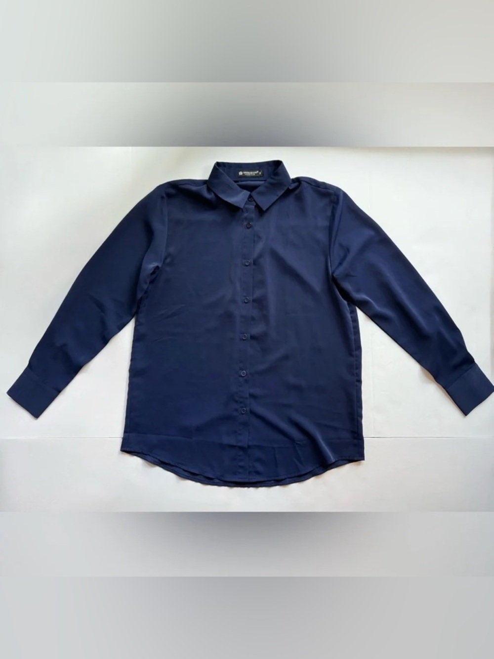 Long Sleeve Chiffron Button Down Collared Shirt Navy Blue Size M